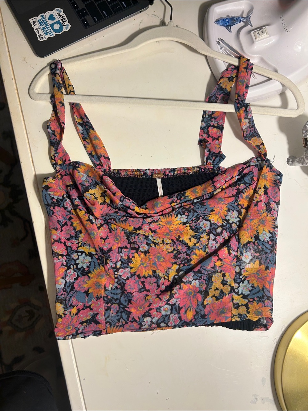 Free People Floral Tie-Shoulder Crop Top - Pink, Yellow, Blue